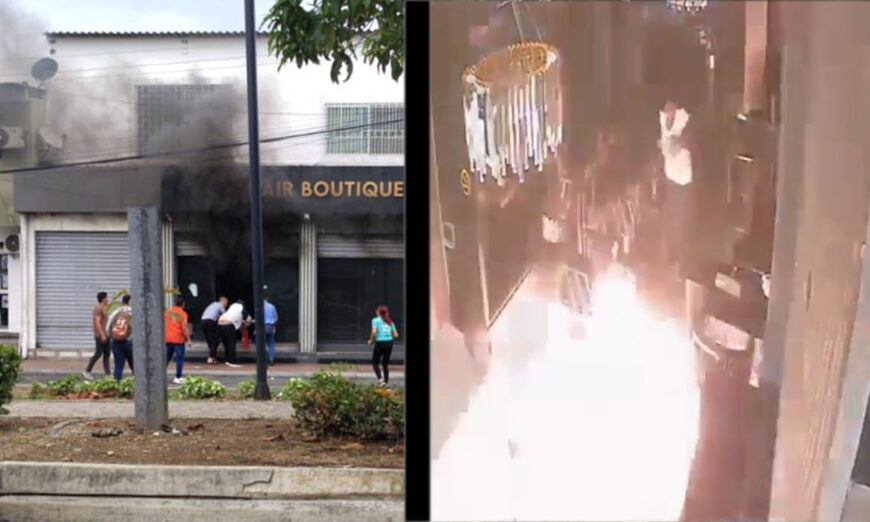 Delincuentes ingresaron a robar un local en La Alborada, rociaron gasolina y luego le prendieron fuego. Foto es captura de video.